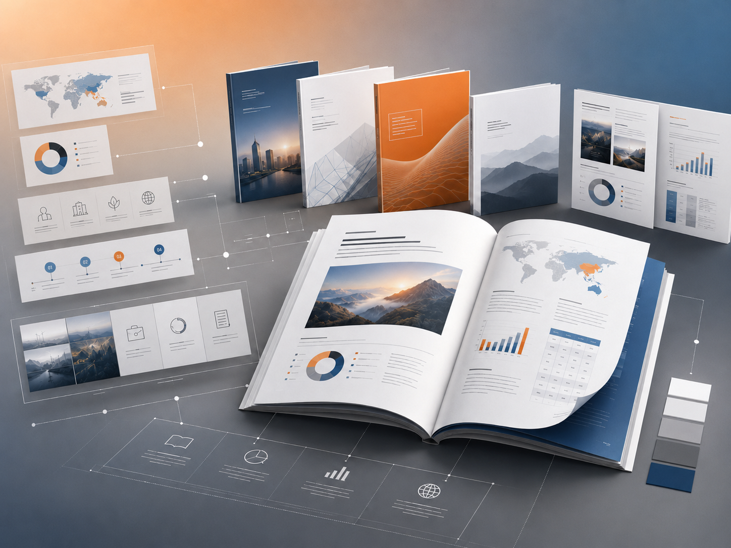 Professional institutional report with navy cover, charts, and data visualization